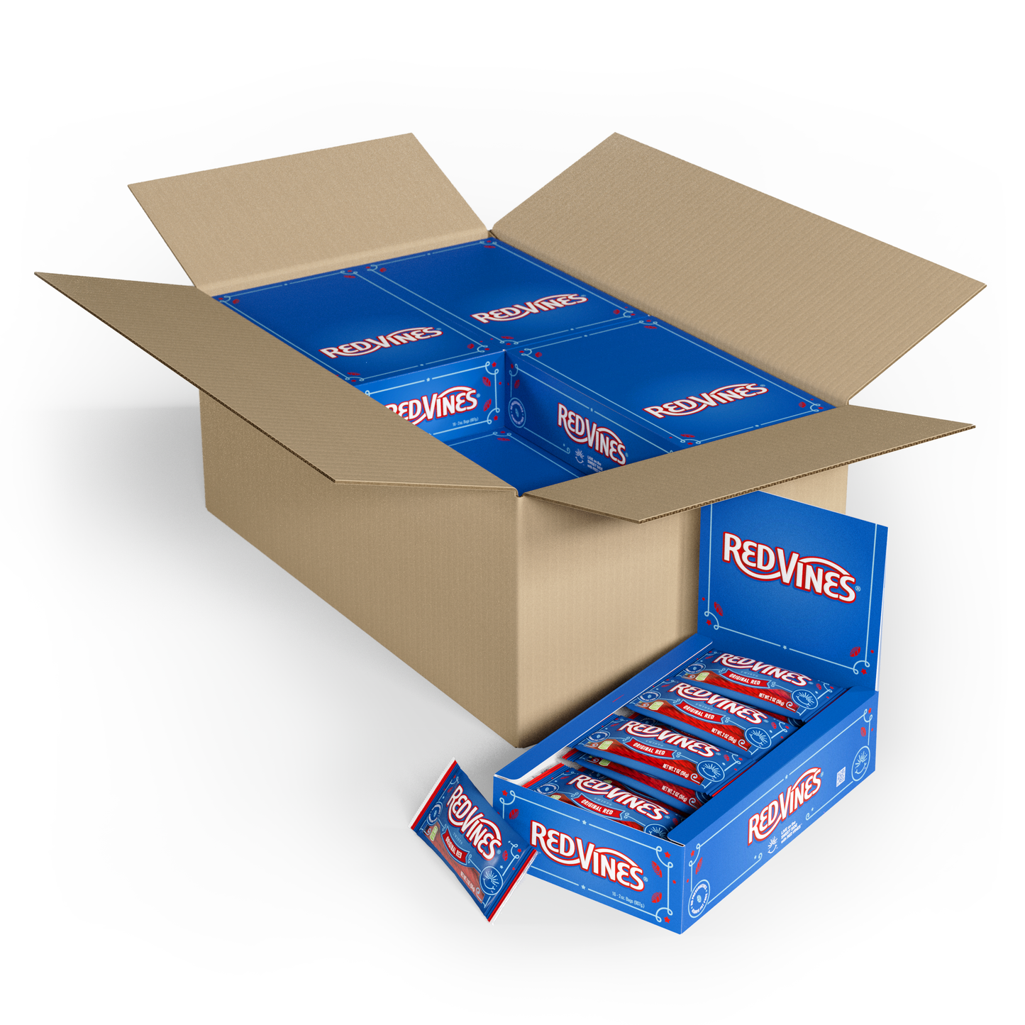 Box of 12 Display Caddies containing sixteen 2oz count good candy bags of Red Vines Original Red Licorice Twists