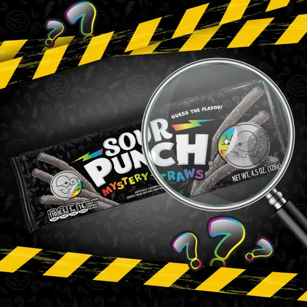 Sour Punch Mystery Straws 4.5oz Tray under a magnifying glass and surrounded by caution tape