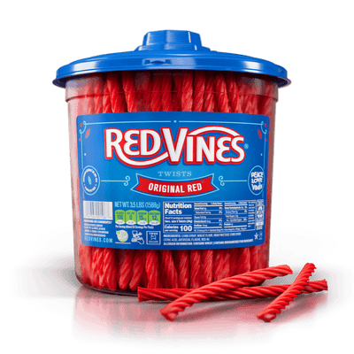 Front view of RED VINES Wholesale Original Red Bulk Licorice Candy 3.5lb Jar