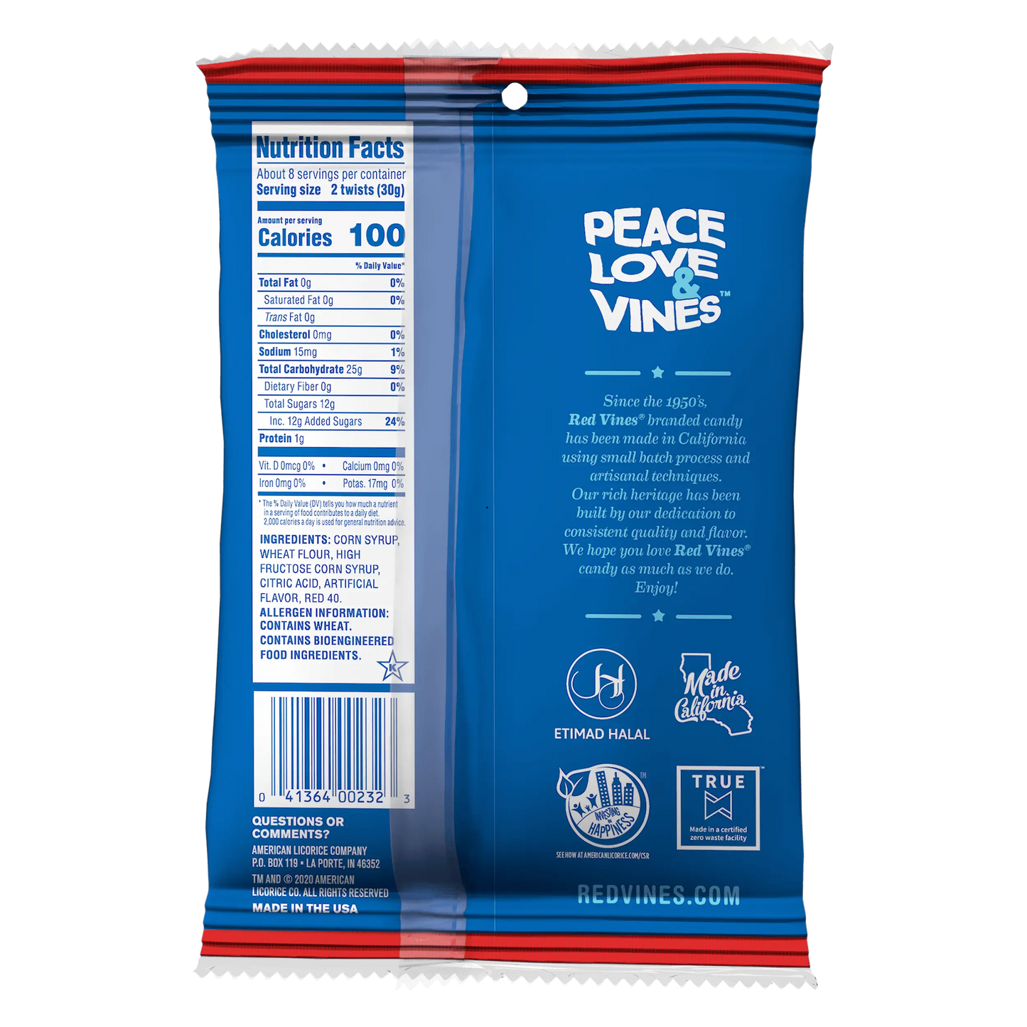 Back of Red Vines Original Red Jumbo Twists 8oz Hanging Bag