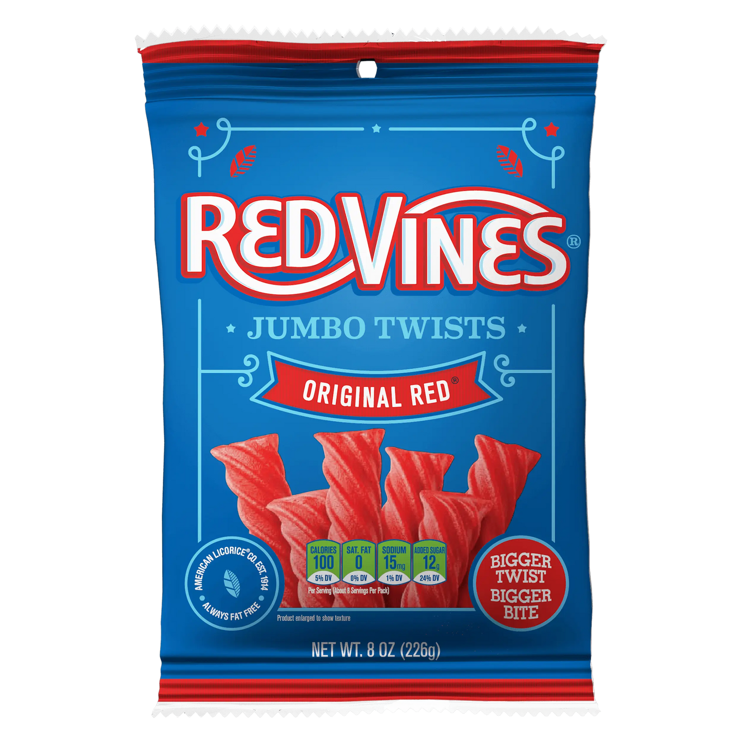 Front of Red Vines Original Red Jumbo Twists 8oz Hanging Bag
