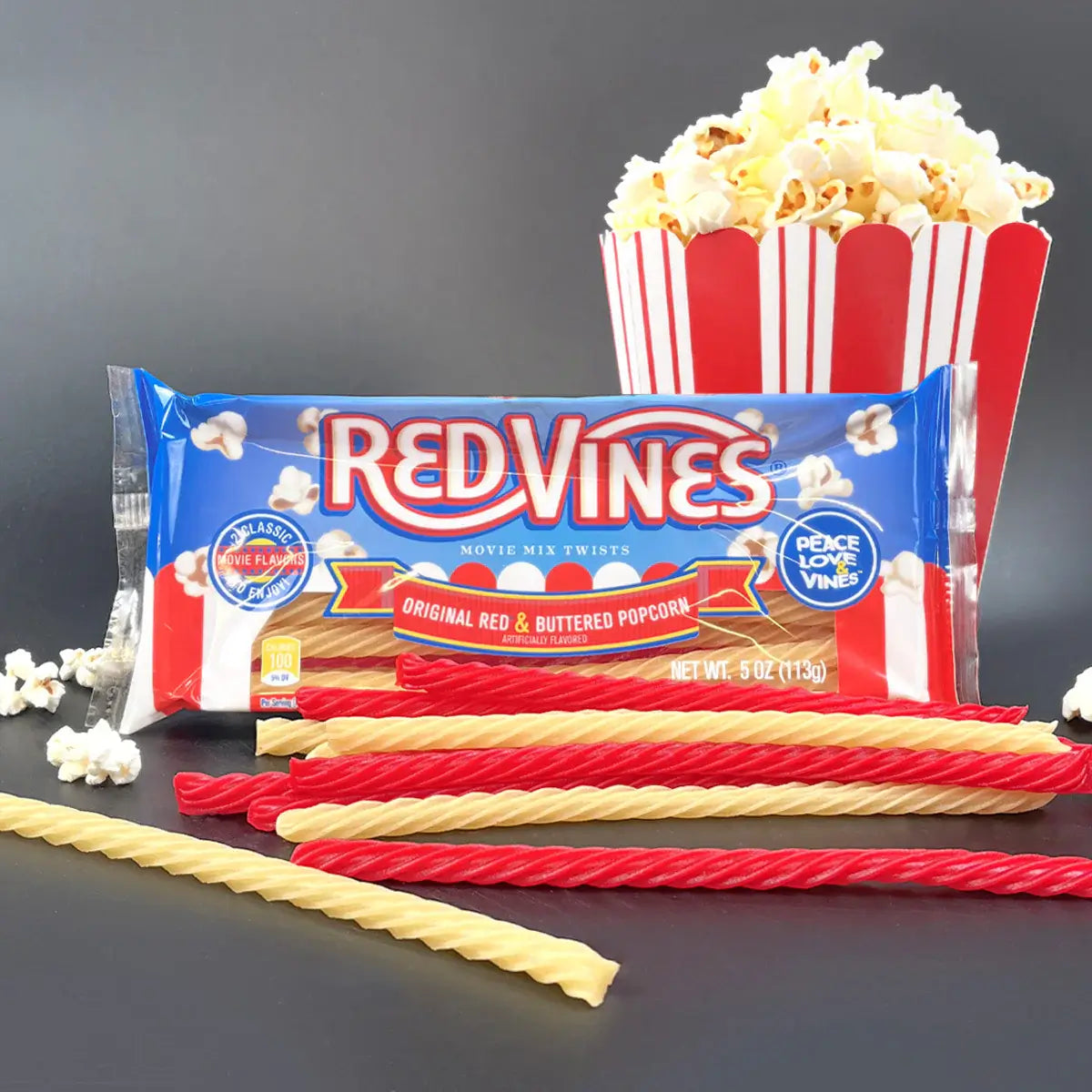 Red Vines Buttered Popcorn & Original Red Twists with a bucket of popcorn