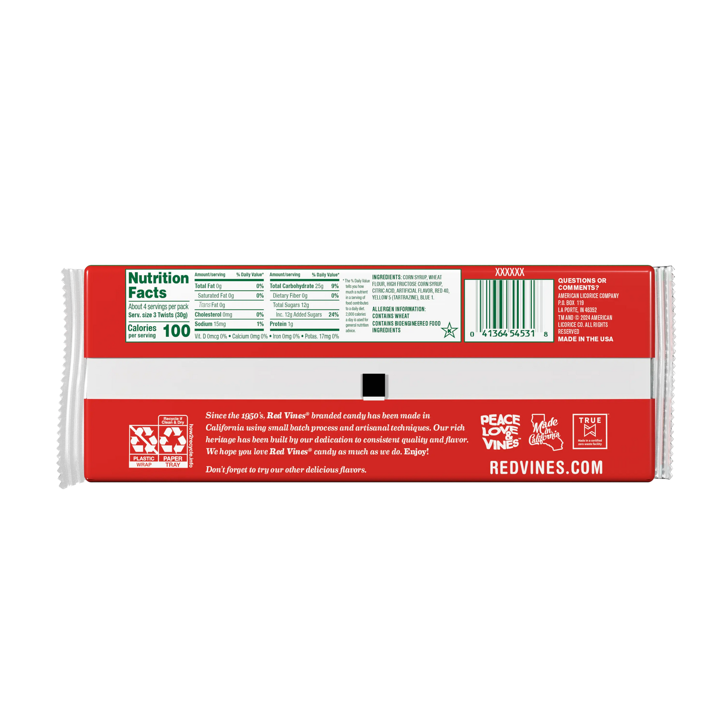 Back of Red Vines 2-Colors Christmas Candy Twists 4oz Tray