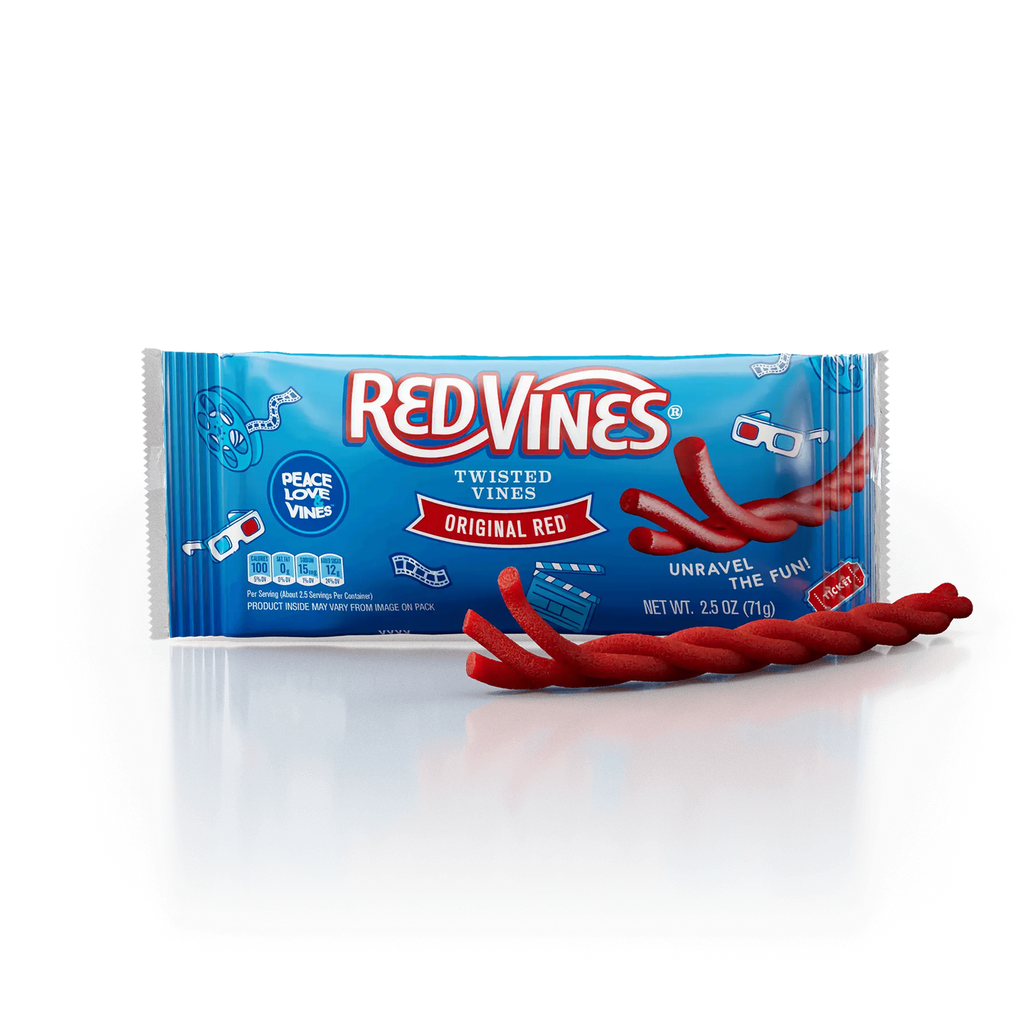 Red Vines Original Red Twisted Vines 2.5oz Bag with raw pull and peel licorice candy piece in front