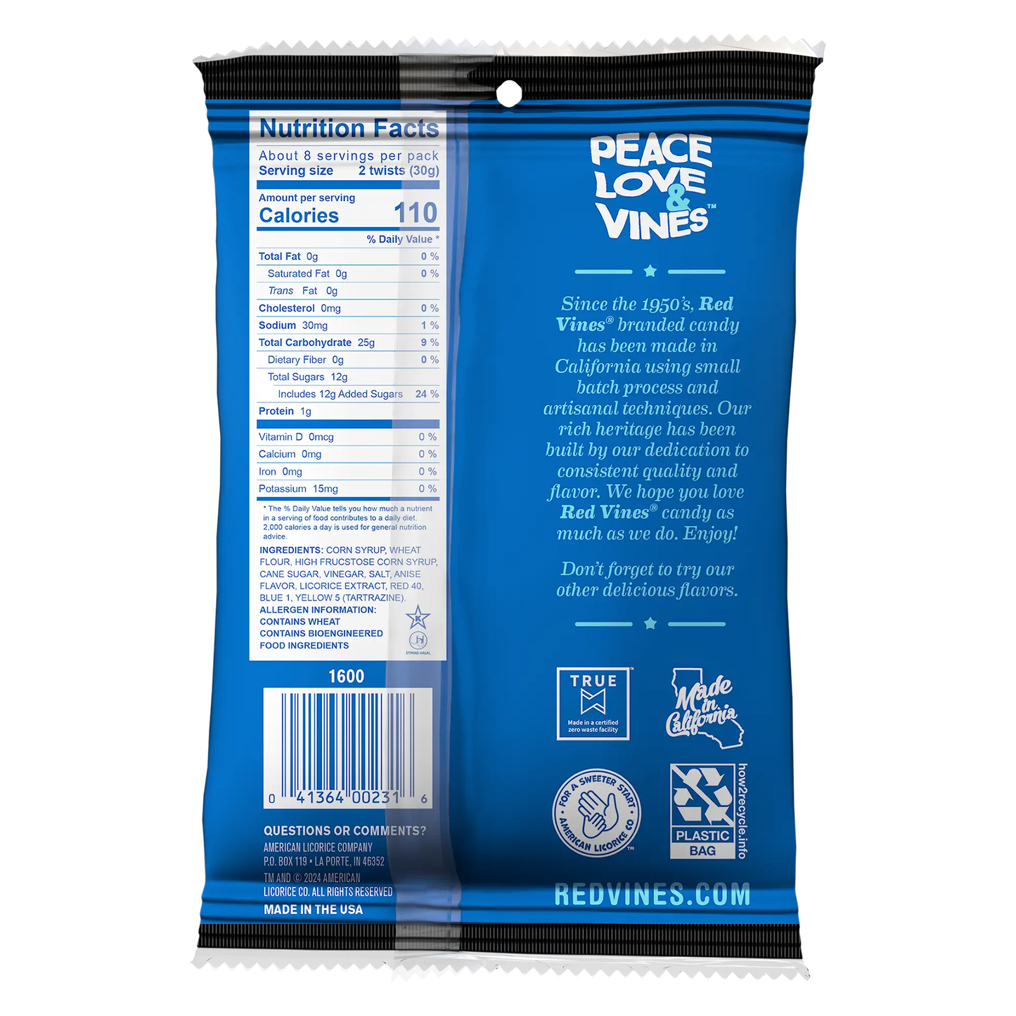 Back of Red Vines Black Licorice Jumbo Twists candy 8oz Bag