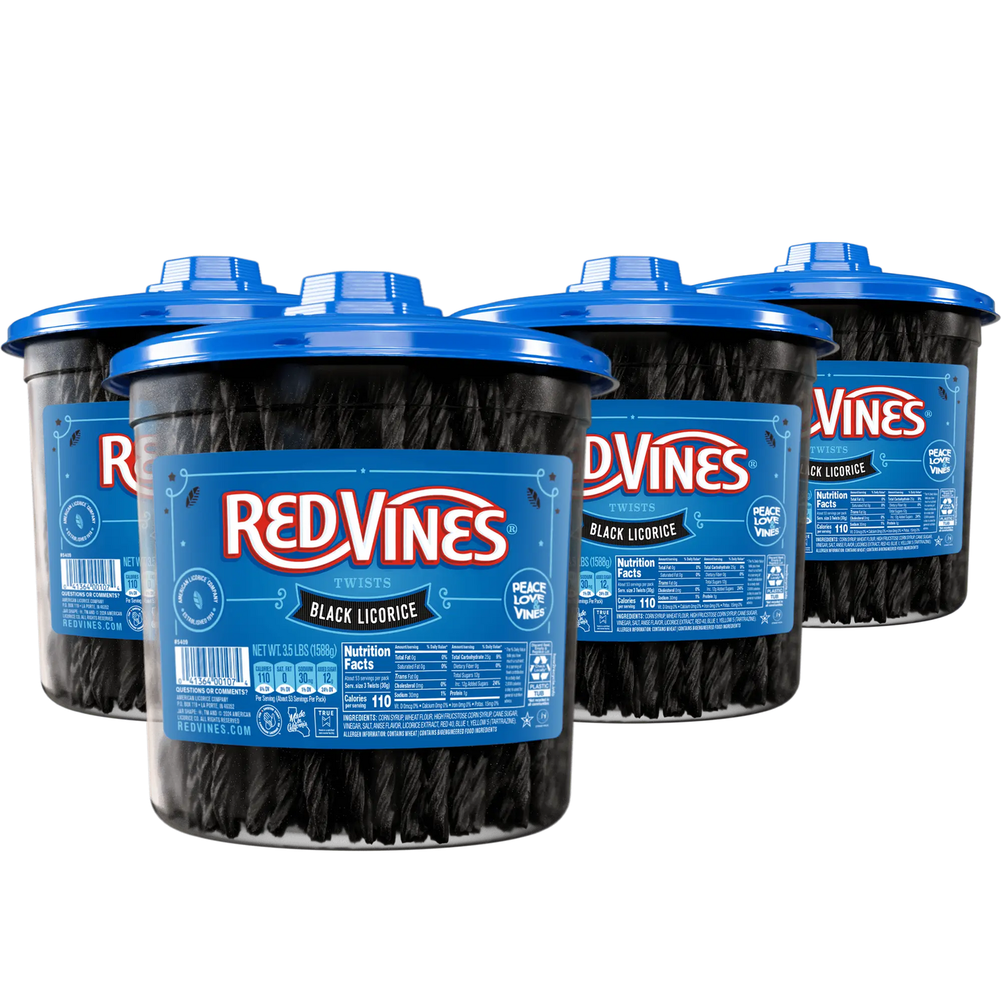 Four 3.5lb bulk candy Jars of Red Vines Black Licorice Twists