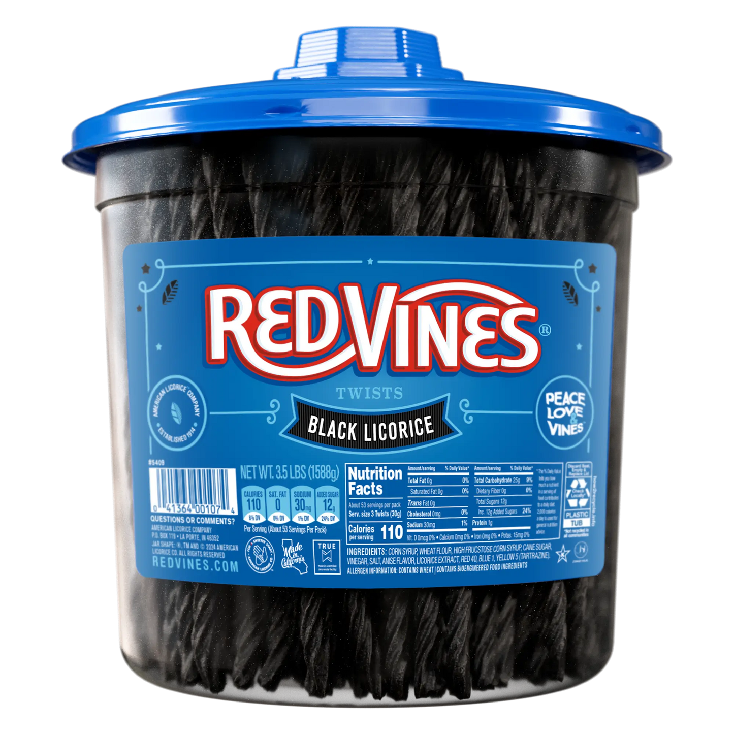 Front of Red Vines Black Licorice Twists 3.5lb Jar