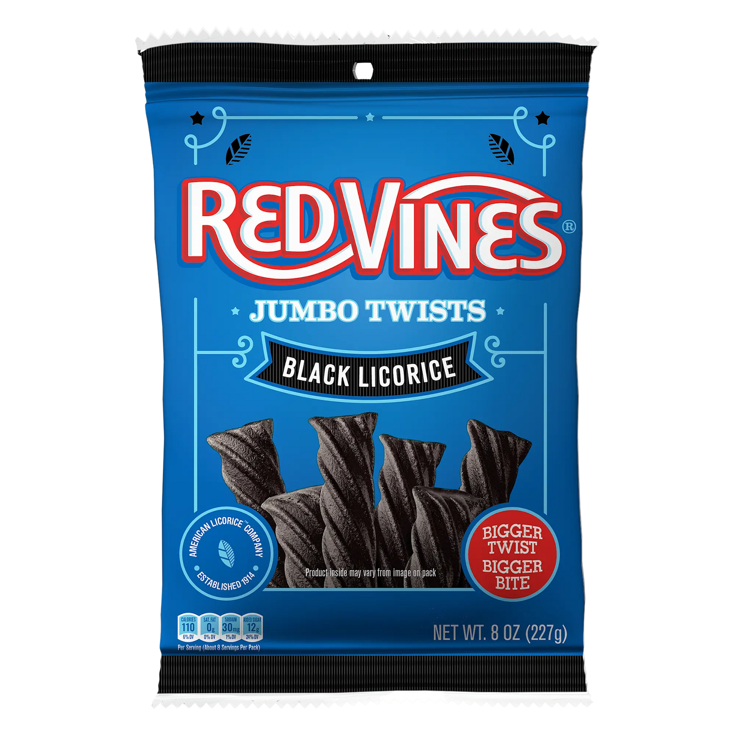 Front of Red Vines Black Licorice Jumbo Twists 8oz Hanging Bag