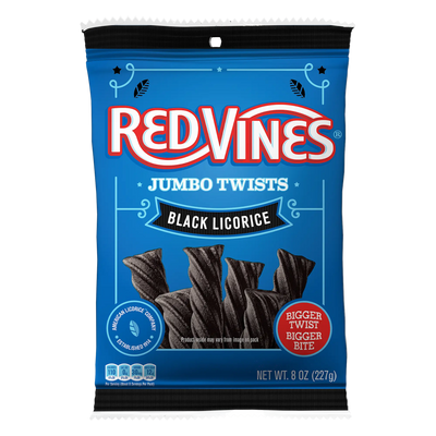 Front of Red Vines Black Licorice Jumbo Twists 8oz Hanging Bag