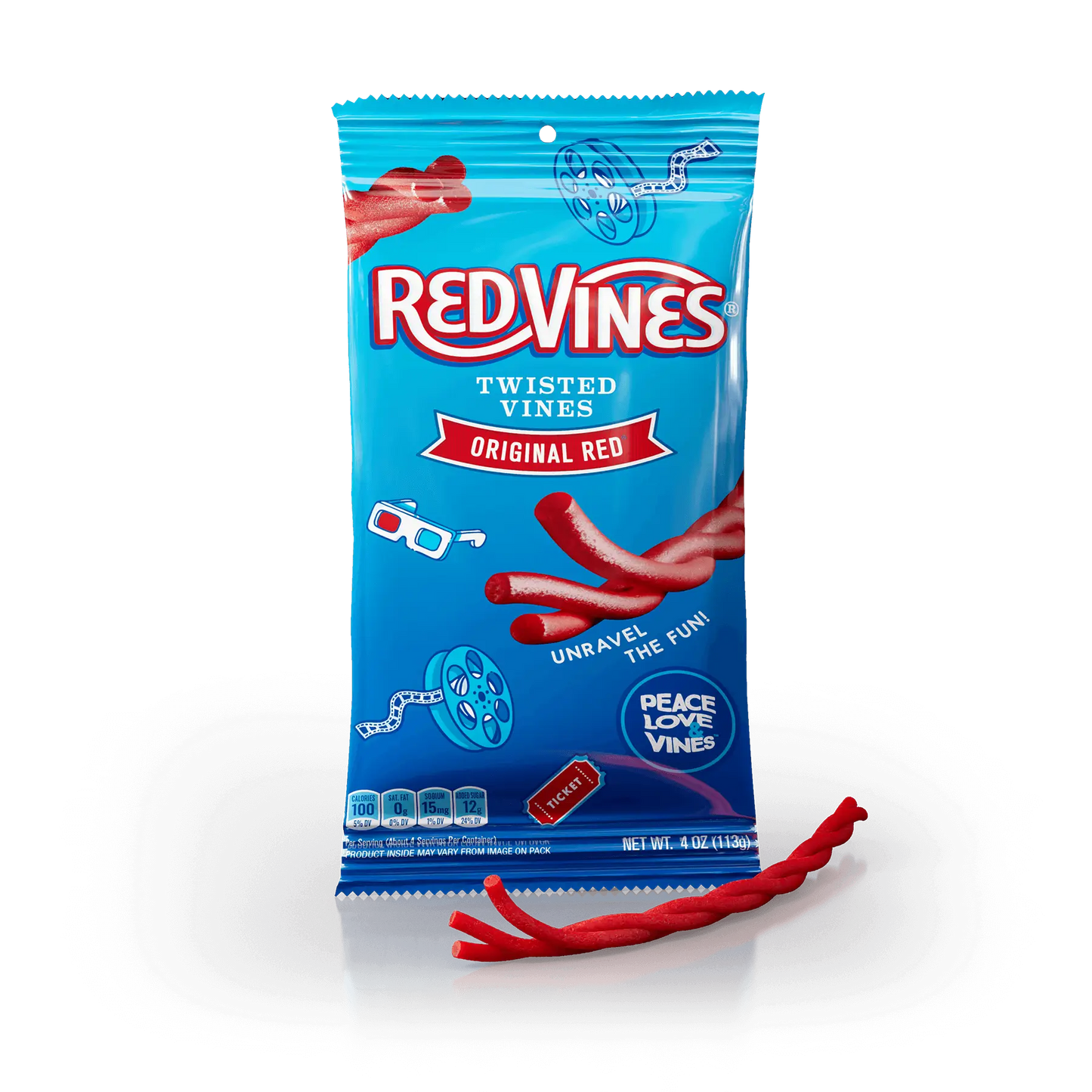 Red Vines Original Red Twisted Vines 4oz Bag with raw braided licorice candy piece in front - Bulk Pull and Peel Licorice