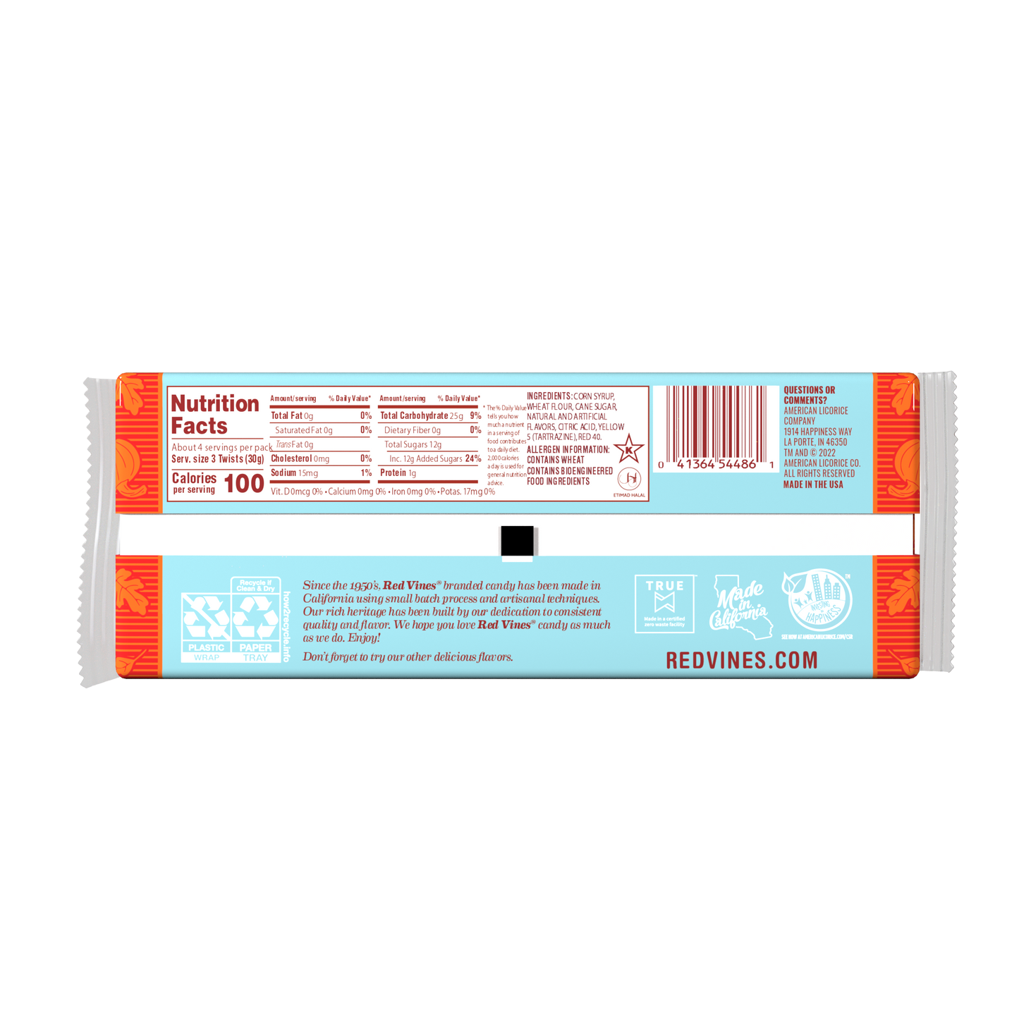 RED VINES Pumpkin Spice Halloween Candy Twists - back of 4oz tray RED VINES Pumpkin Spice Halloween Candy Twists - back of 4oz tray
