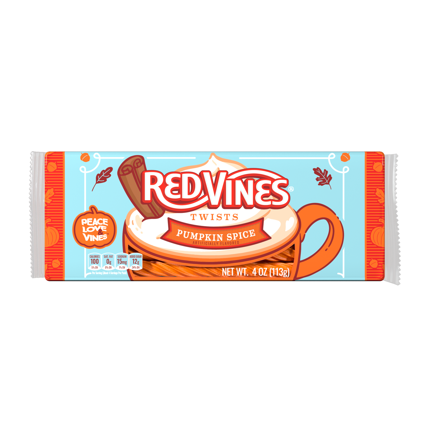 RED VINES Pumpkin Spice Halloween Candy Twists - front of 4oz tray RED VINES Pumpkin Spice Halloween Candy Twists - front of 4oz tray
