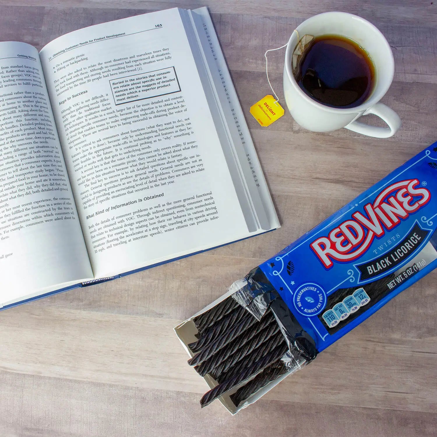 Enjoying a tray of Red Vines Black Licorice with tea and a good book
