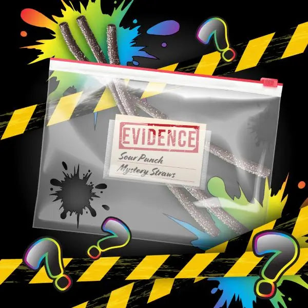 Black candy in bulk in a cartoon "evidence bag" for the Sour Punch Mystery Bulk Candy Straws release