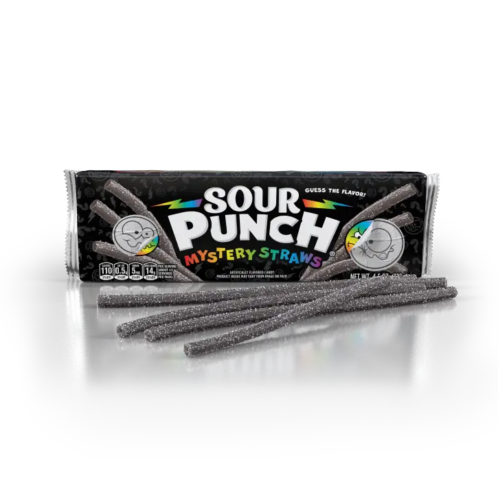 Sour Punch Mystery Straws 4.5oz Tray with black candy straws in front of the tray