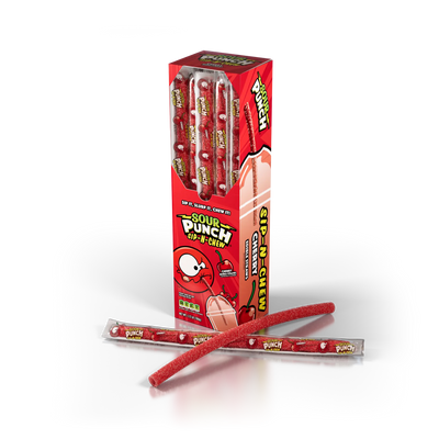 Caddy of Sour Punch Sip-N-Chew large candy straws for drinks with unwrapped Cherry straw in front of caddy