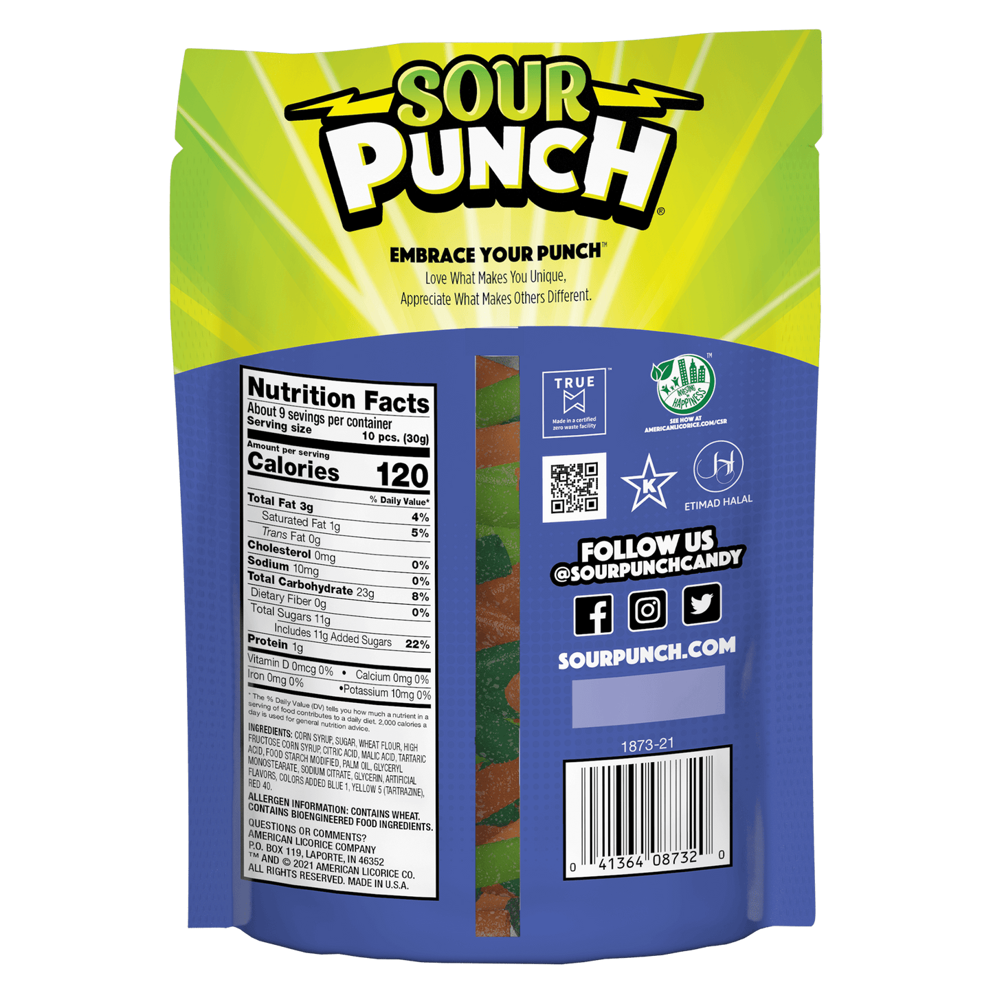 SOUR PUNCH Assorted Bites Candy, Back of 9oz Bag