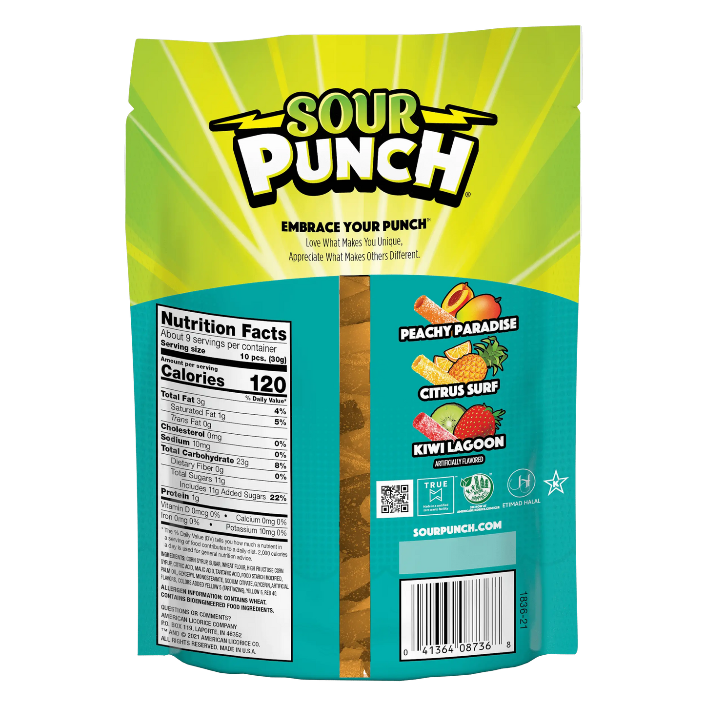 Back of Sour Punch Bites Tropical Blends 9oz Stand up bag