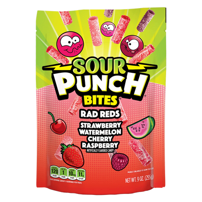 Front of Sour Punch Bites Rad Reds 9oz Stand up bag