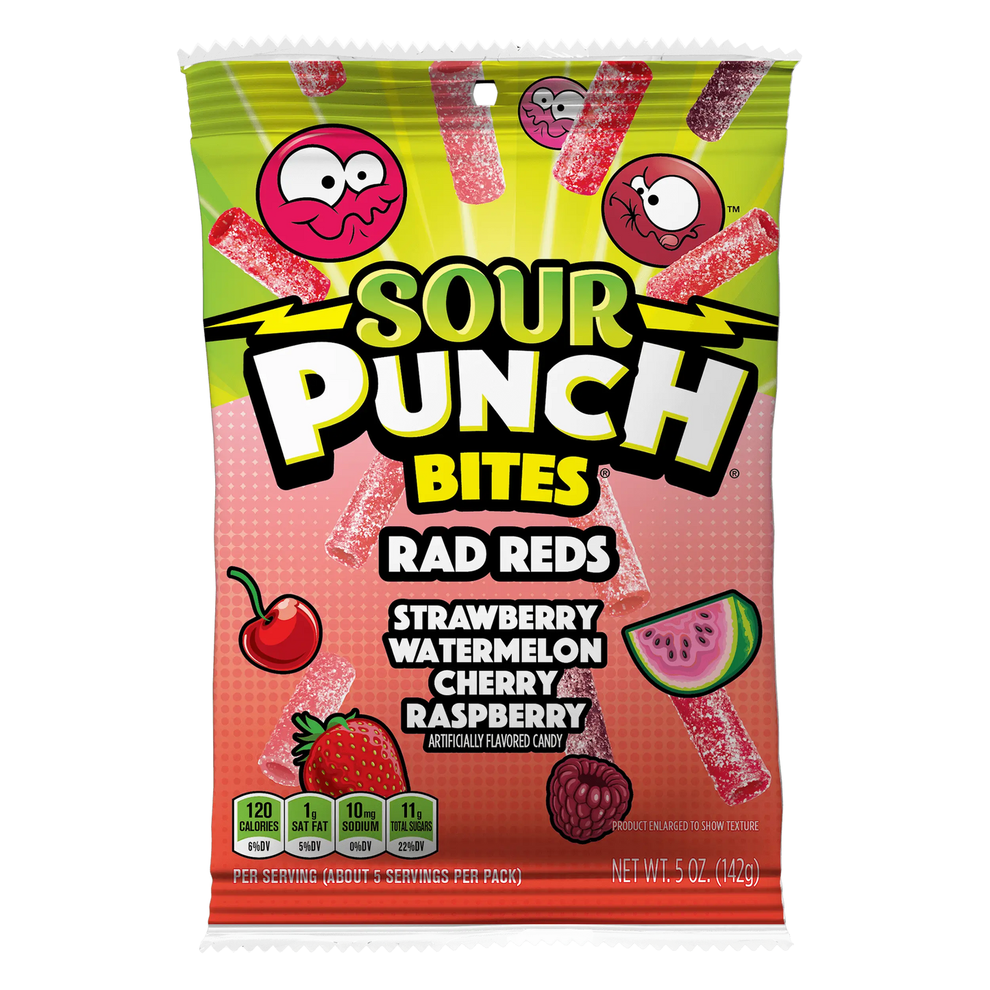 Front of Sour Punch Rad Reds Bites 5oz Hanging Bag