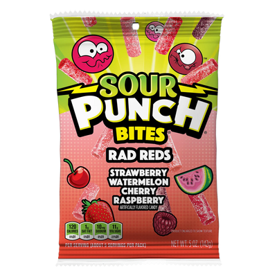 Front of Sour Punch Rad Reds Bites 5oz Hanging Bag