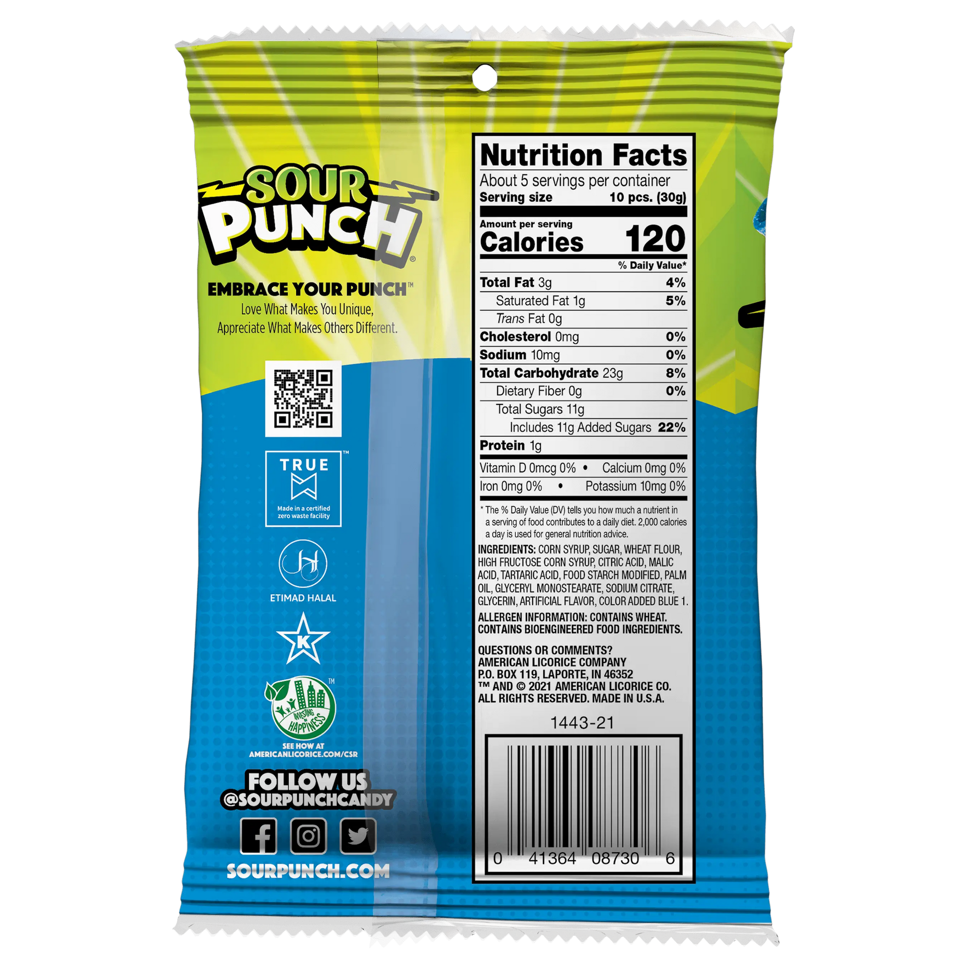 Back of Sour Punch Bites Blue Raspberry candy 5oz hanging bag