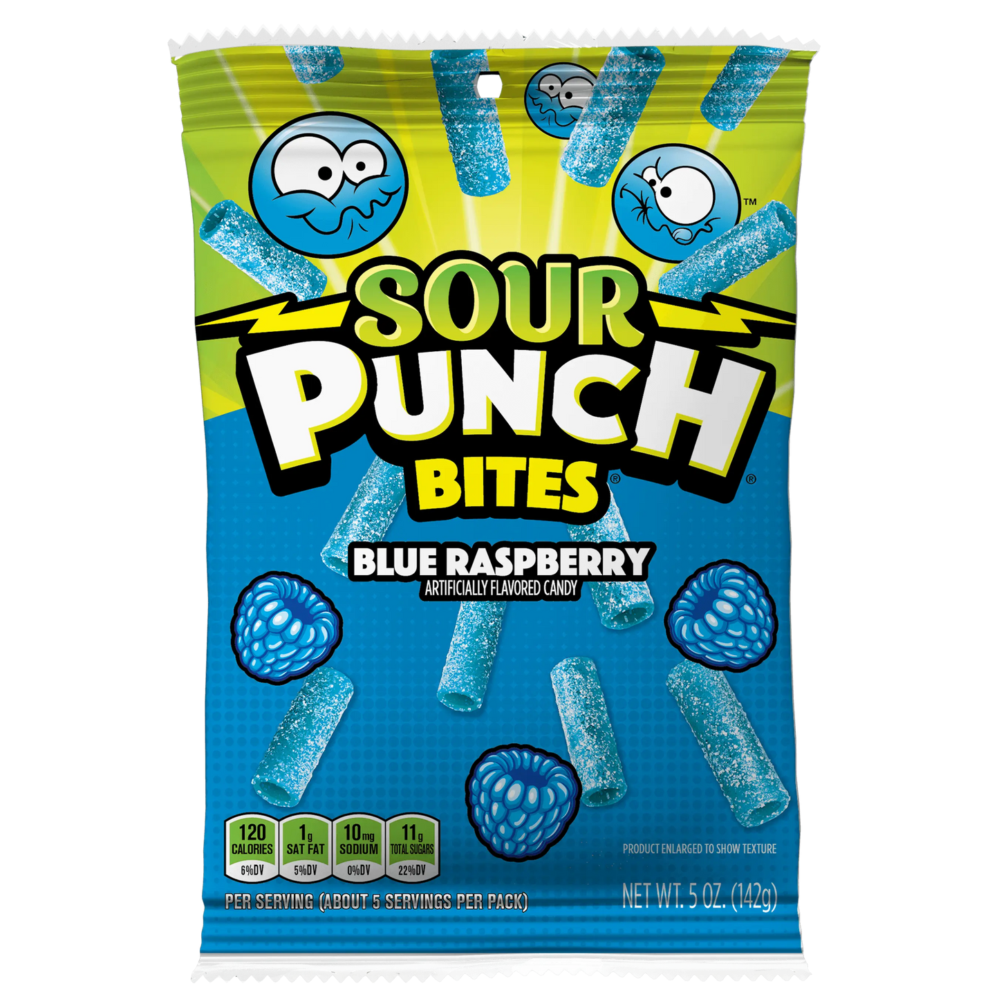Front of Sour Punch Bites Blue Raspberry candy 5oz hanging bag