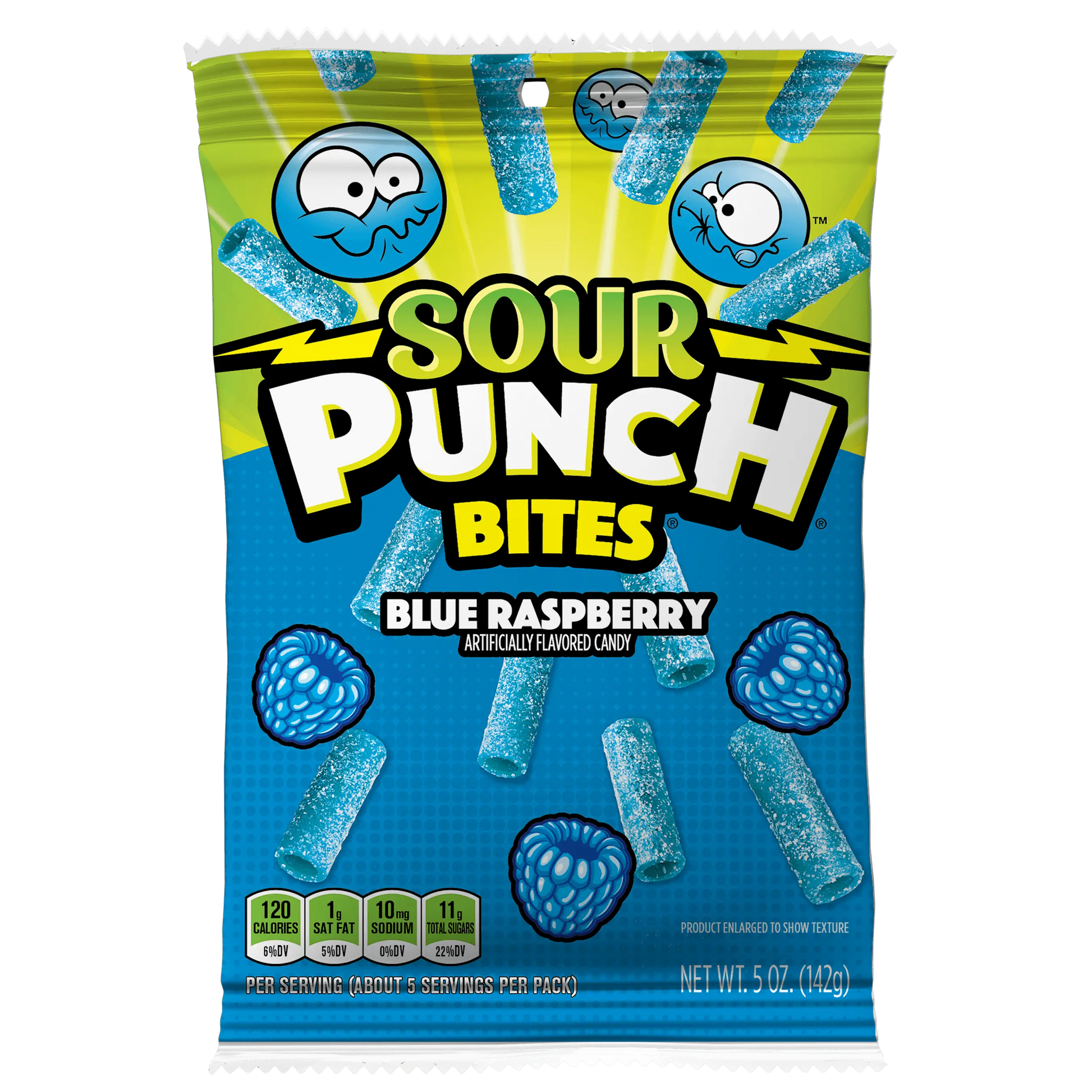 Front of Sour Punch Bites Blue Raspberry candy 5oz hanging bag
