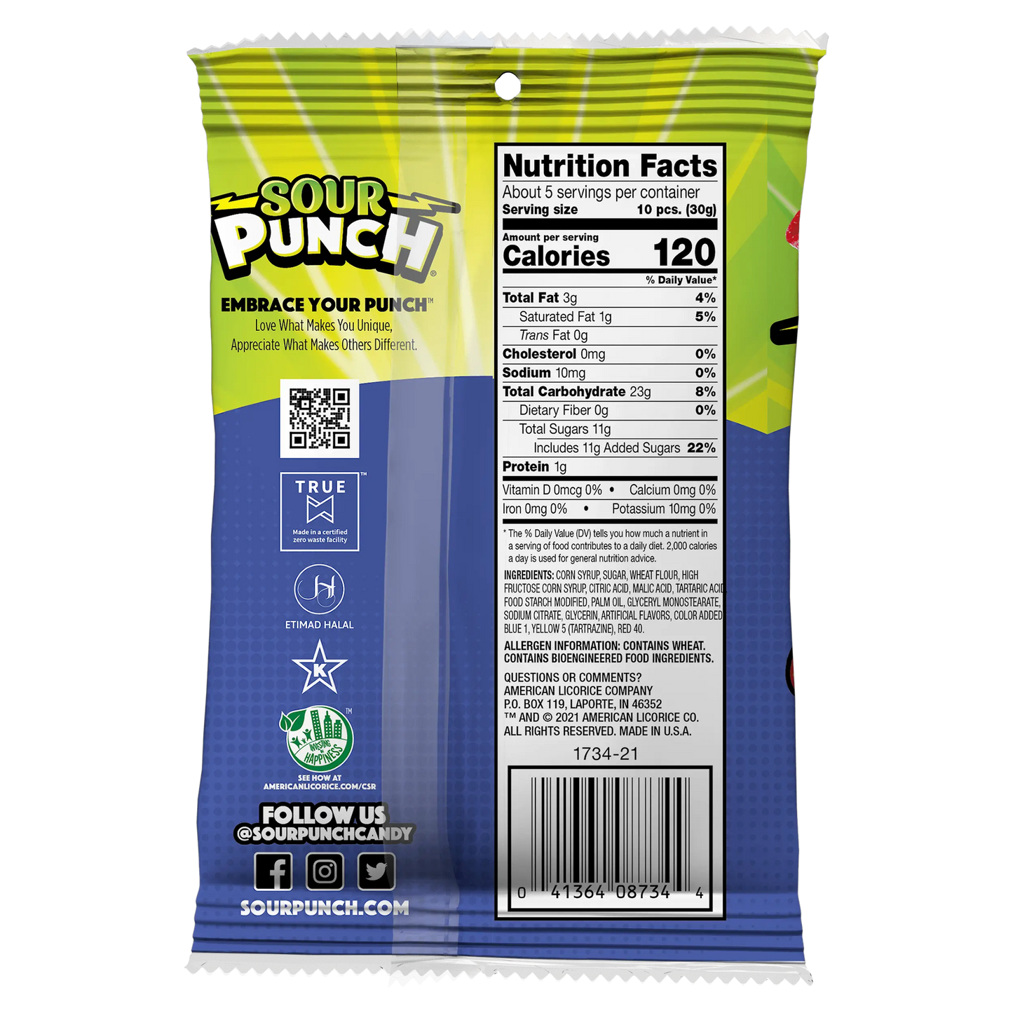 Back of Sour Punch Bites Assorted Flavors 5oz Hanging bag