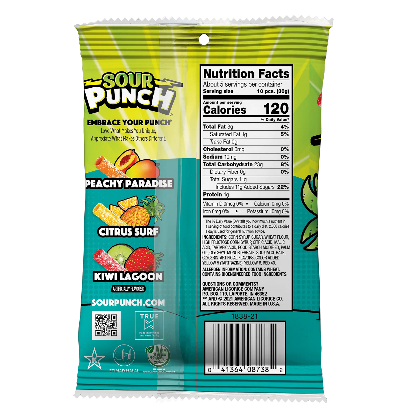 Back of Sour Punch Bites Tropical Blends 5oz bag