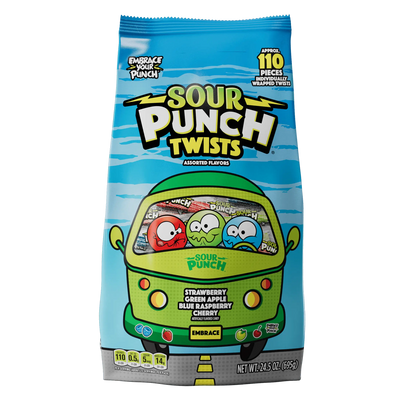 Front of Sour Punch 3" Individually Wrapped Sour Candy Twists, Assorted Candy Flavors in 24.5oz Bags