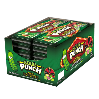 12 pack caddy of SOUR PUNCH Pickle Roulette Straws Pickle Candy in Bulk