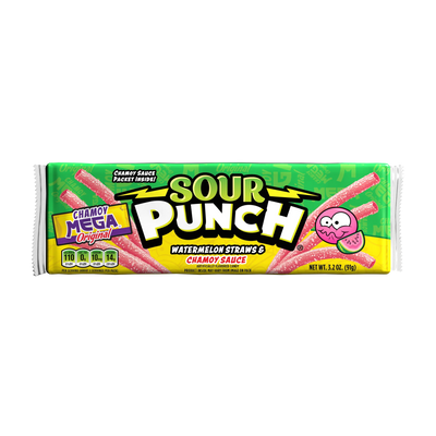 Front of Sour Punch Watermelon Straws 3.2oz Tray with Mega Chamoy Sauce