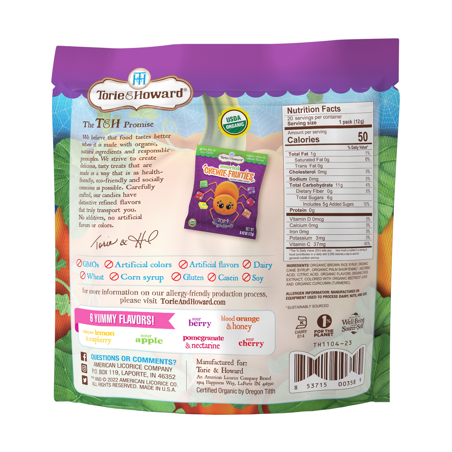 TORIE & HOWARD Organic Halloween Candy - back of 8.46oz bag TORIE & HOWARD Organic Halloween Candy - back of 8.46oz bag