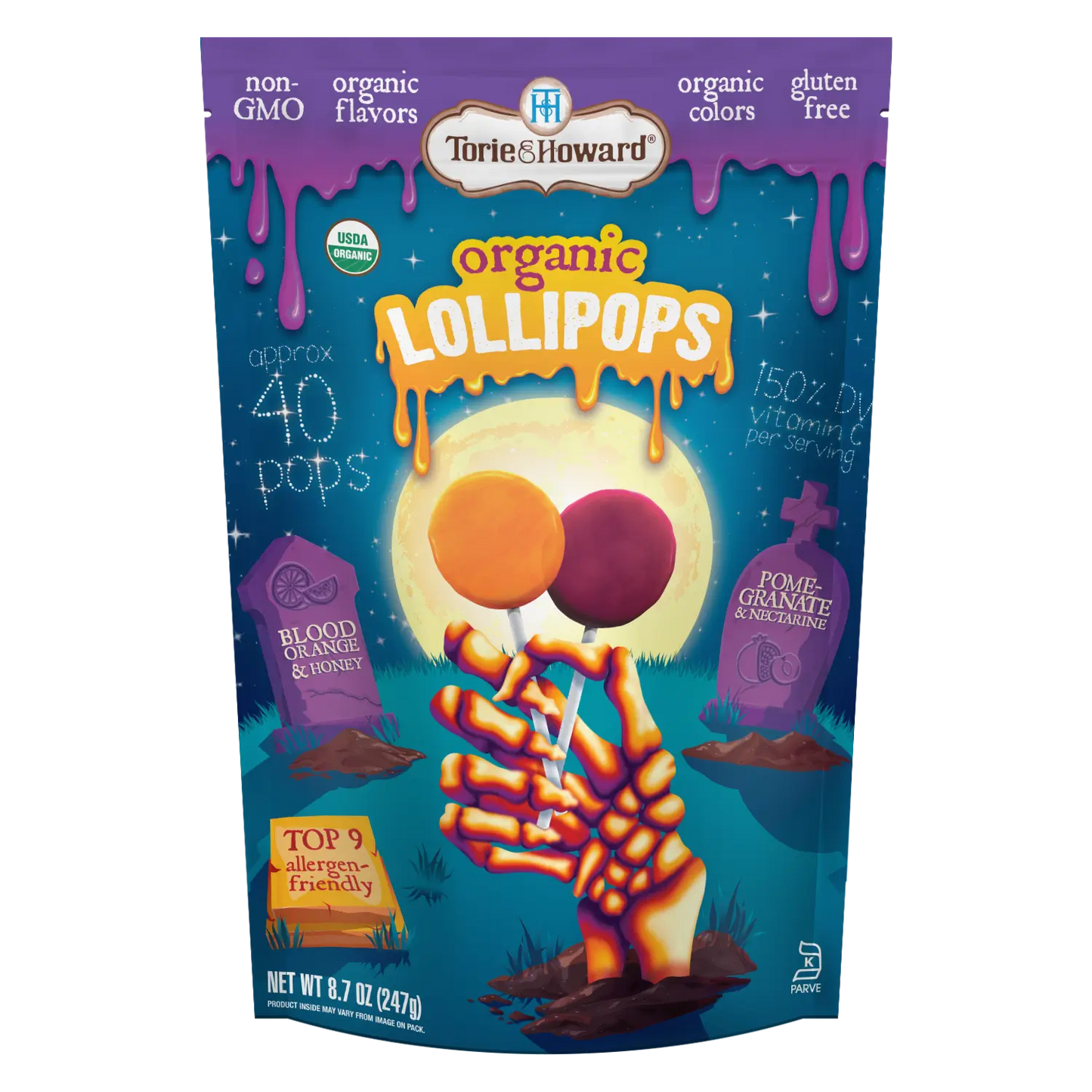 Front of Torie & Howard Organic Lollipops Wholesale Halloween Candy 8.7oz Bag