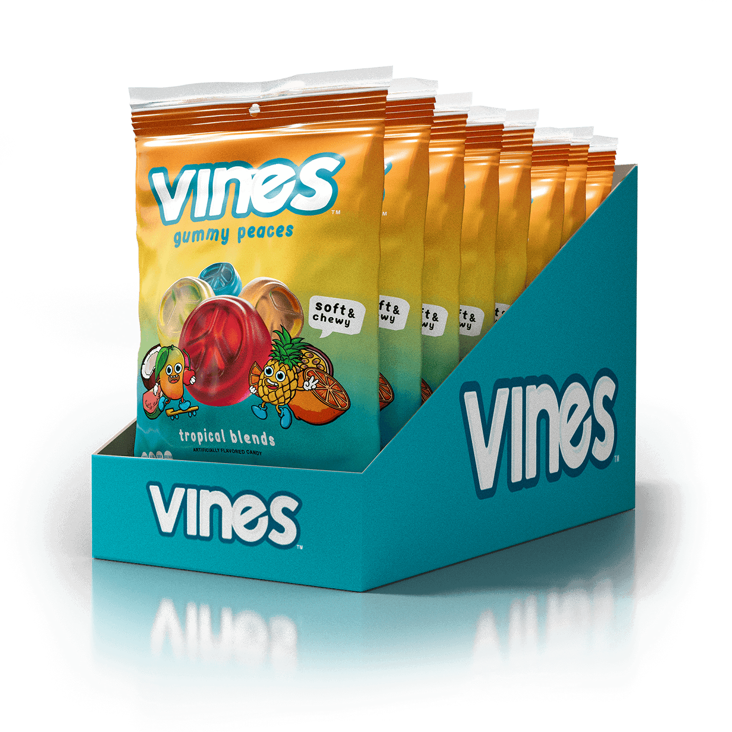 VINES Gummies Wholesale Gummy Candy in Tropical Blends, 8-pack caddy of 6.3oz Bags, side view of caddy