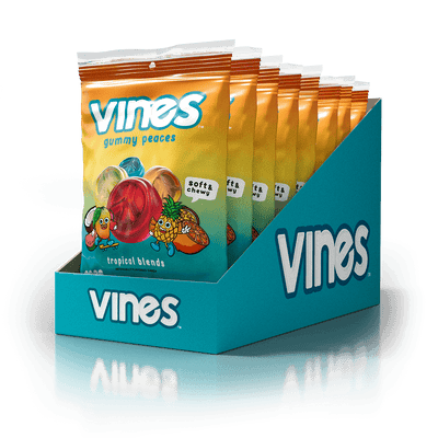 VINES Gummies Wholesale Gummy Candy in Tropical Blends, 8-pack caddy of 6.3oz Bags, side view of caddy