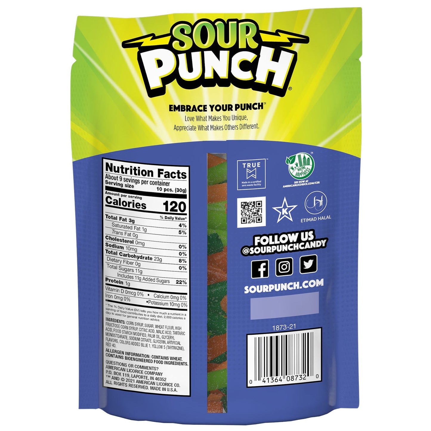 SOUR PUNCH Assorted Bites Candy, Back of 9oz Bag