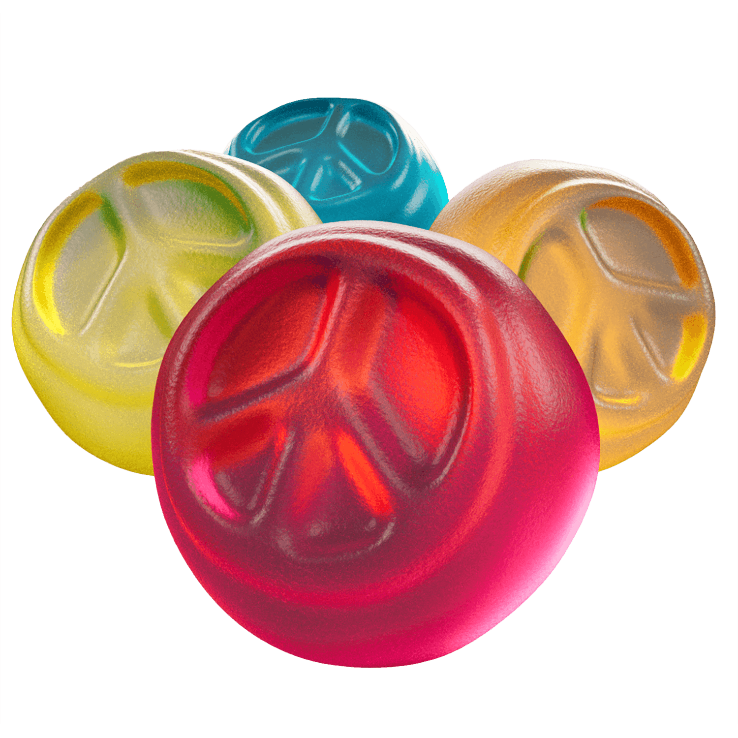 Raw peace sign candy shapes in four colors and flavors