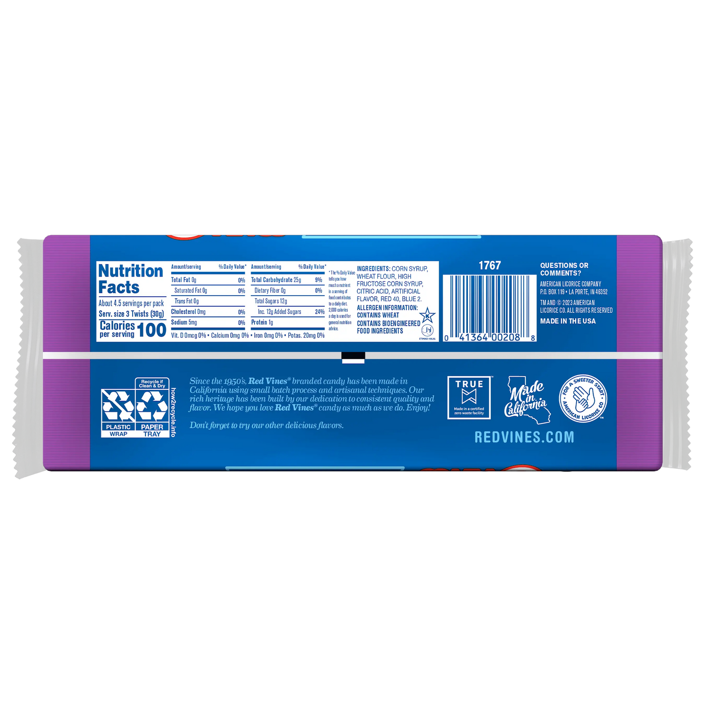 Back of Red Vines Grape Twists 5oz Movie Tray