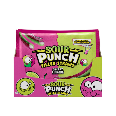 12-pack caddy of Sour Punch Filled Straws Cherry Limeade Filled Candy Wholesale 9oz Bags