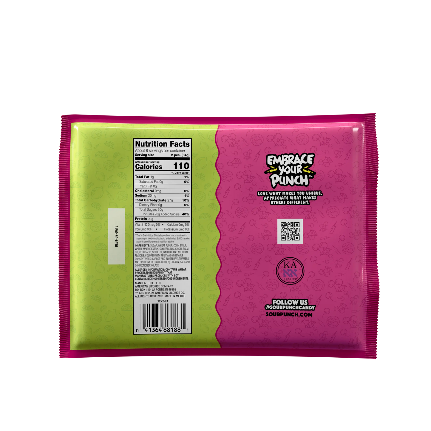 Back of Sour Punch Filled Straws Cherry Limeade Filled Candy Wholesale 9oz Bag