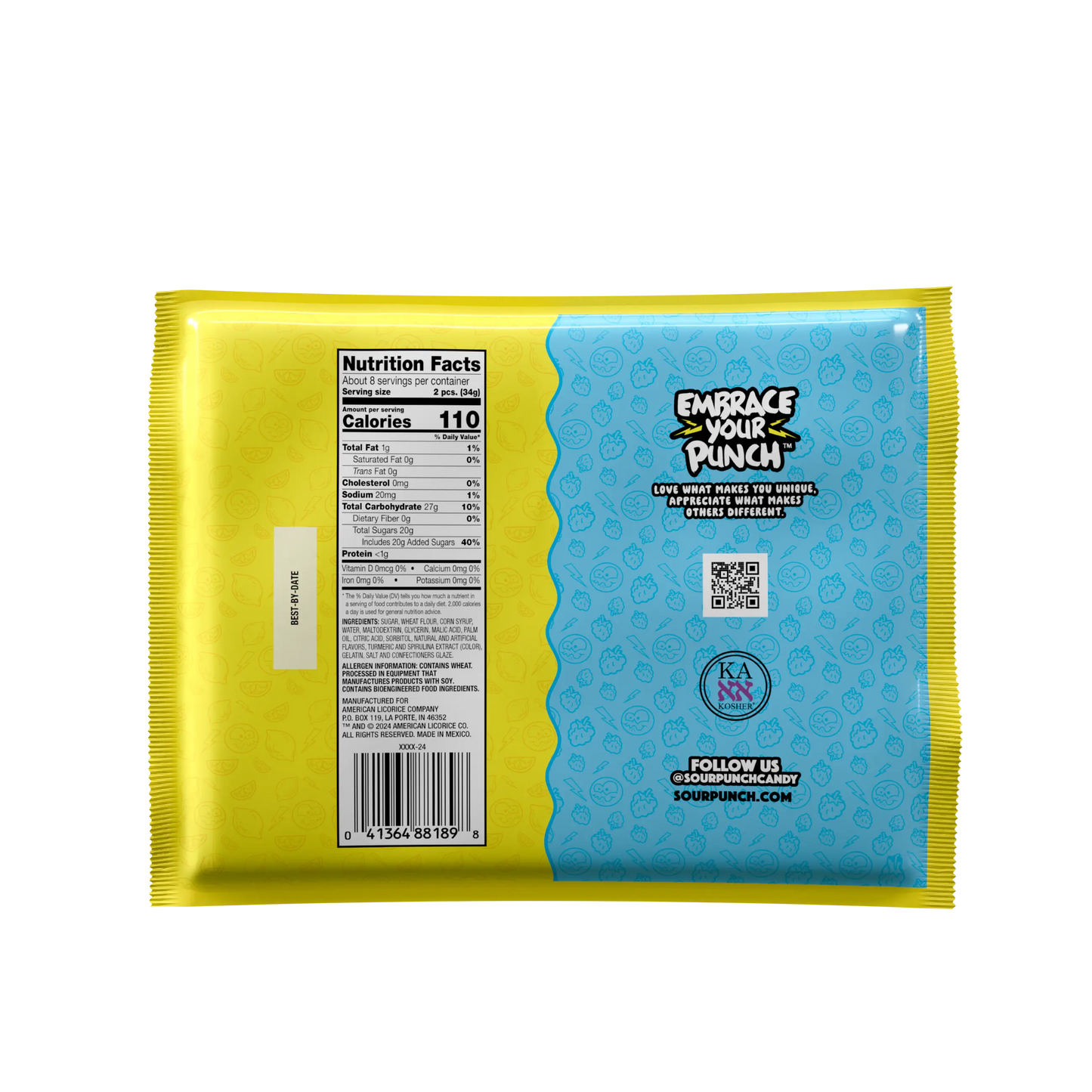 Back of Sour Punch Filled Straws Blue Raz Lemonade Bulk Filled Candy 9oz Bag