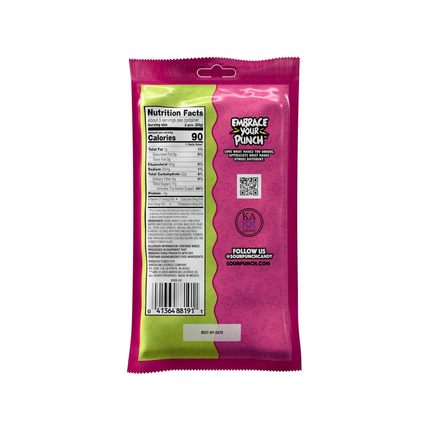 Back of Sour Punch Filled Straws Cherry Limeade filled straw candy in bulk 5oz Bag