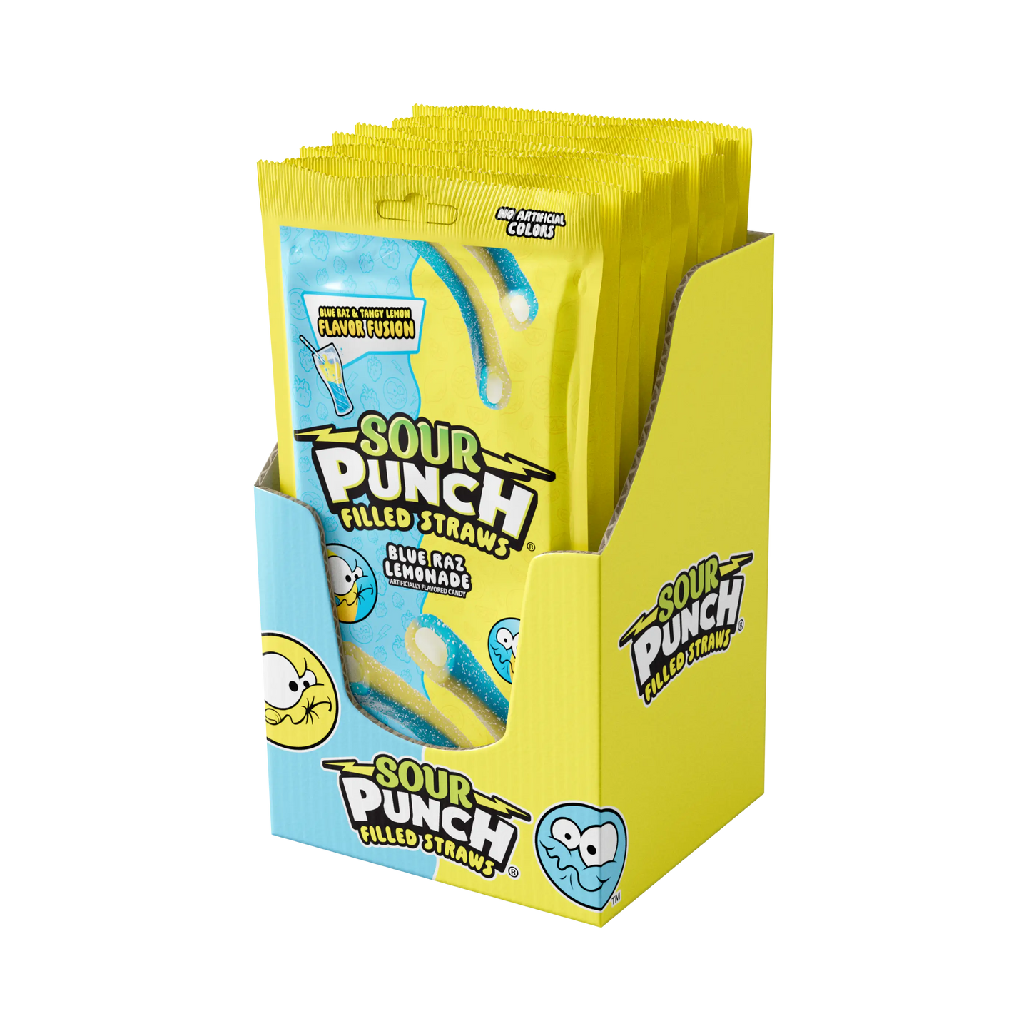 12-pack Caddy of Sour Punch Filled Straws Blue Raz Lemonade Filled Straw Wholesale Candy 5oz Bags - right angled view