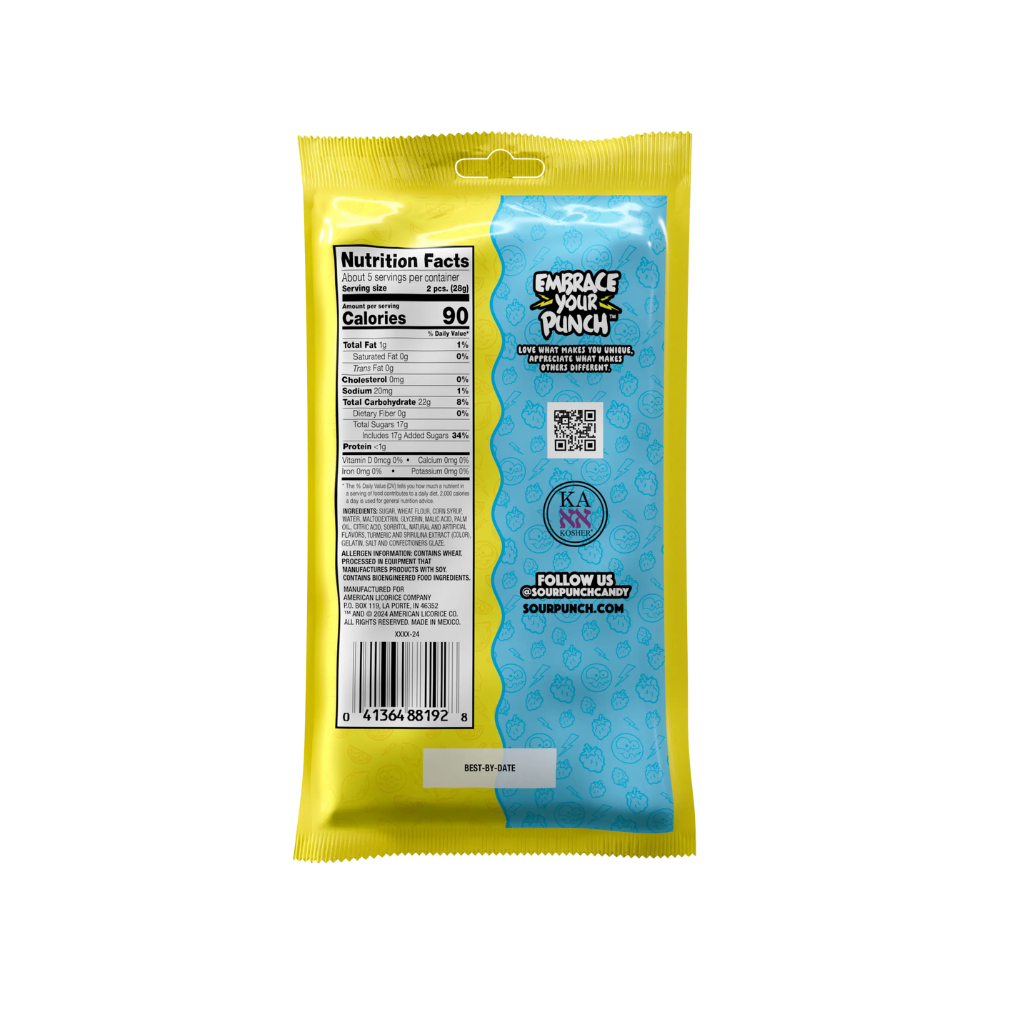 Back of Sour Punch Filled Straws Blue Raz Lemonade Filled Straw Wholesale Candy 5oz Bag