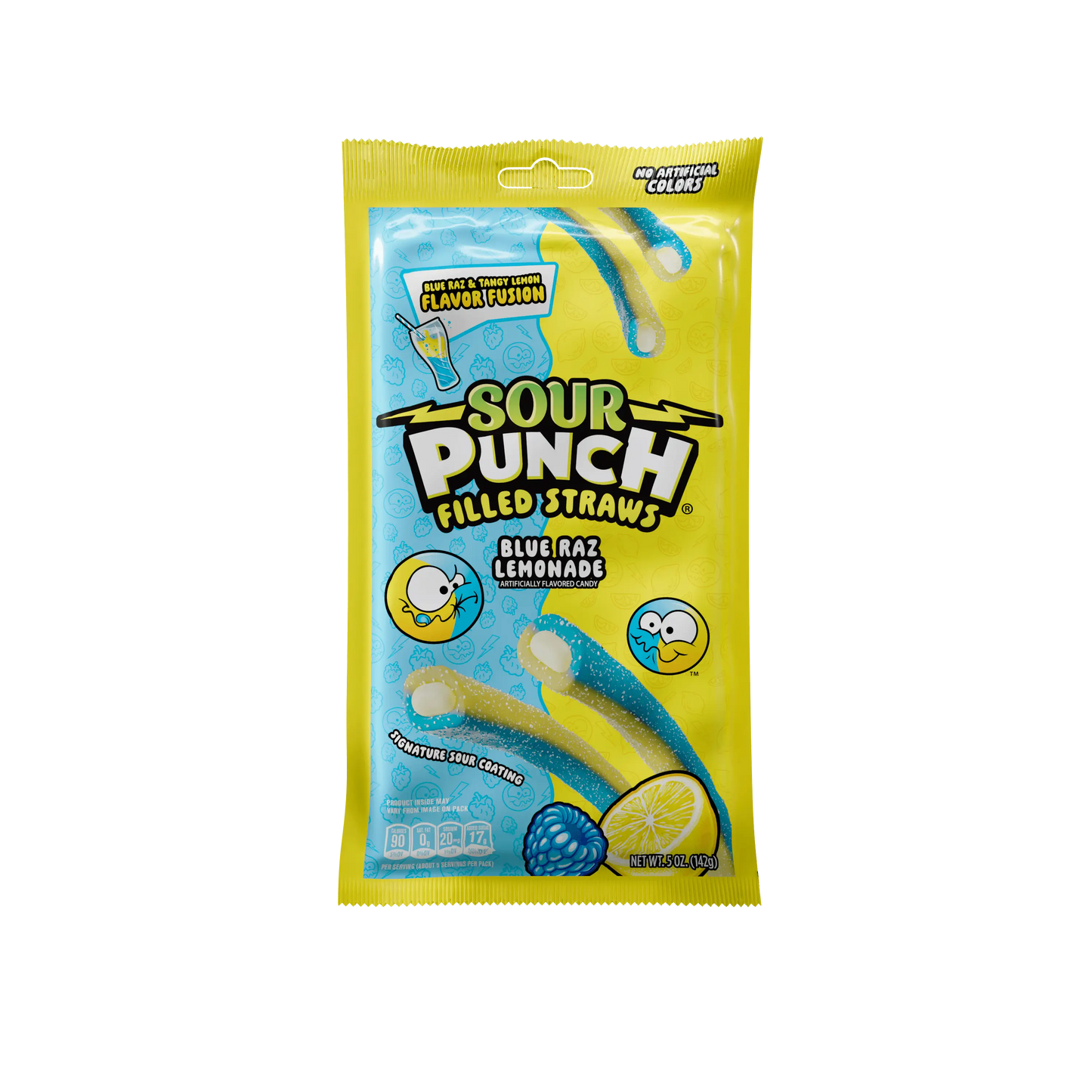 Front of Sour Punch Filled Straws Blue Raz Lemonade Filled Straw Wholesale Candy 5oz Bag