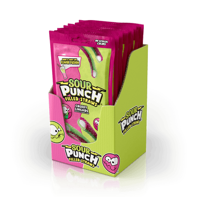 12-pack Caddy of Sour Punch Filled Straws Cherry Limeade filled straw candy in bulk 5oz Bags - right angled view