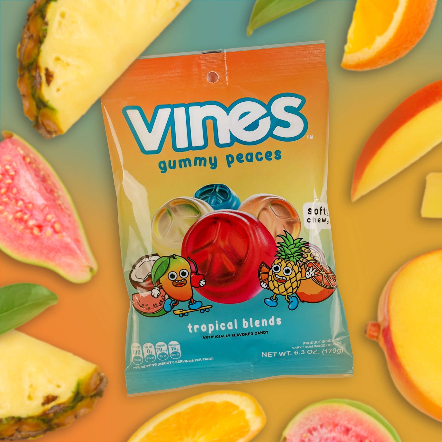Vines Gummies tropical blends wholesale gummy candy 6.3oz bag on gradient background surrounded by tropical fruits