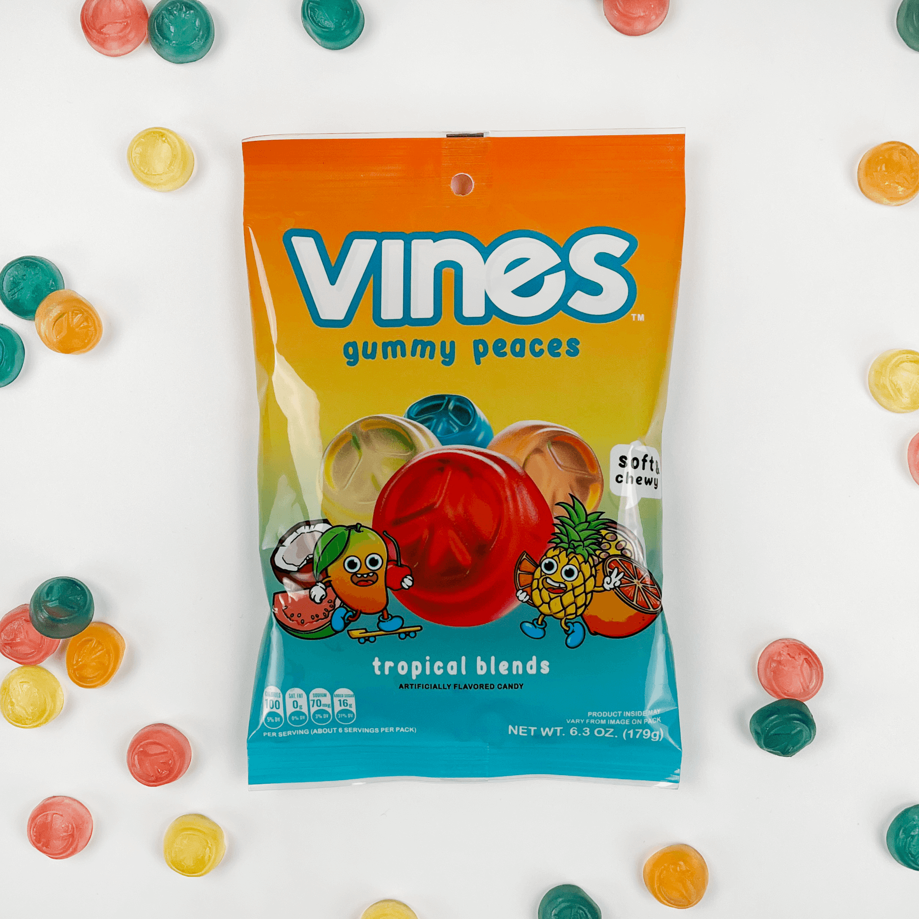 Vines Gummies tropical blends wholesale gummy candy 6.3oz bag on a white background surrounded by peace sign candy shapes